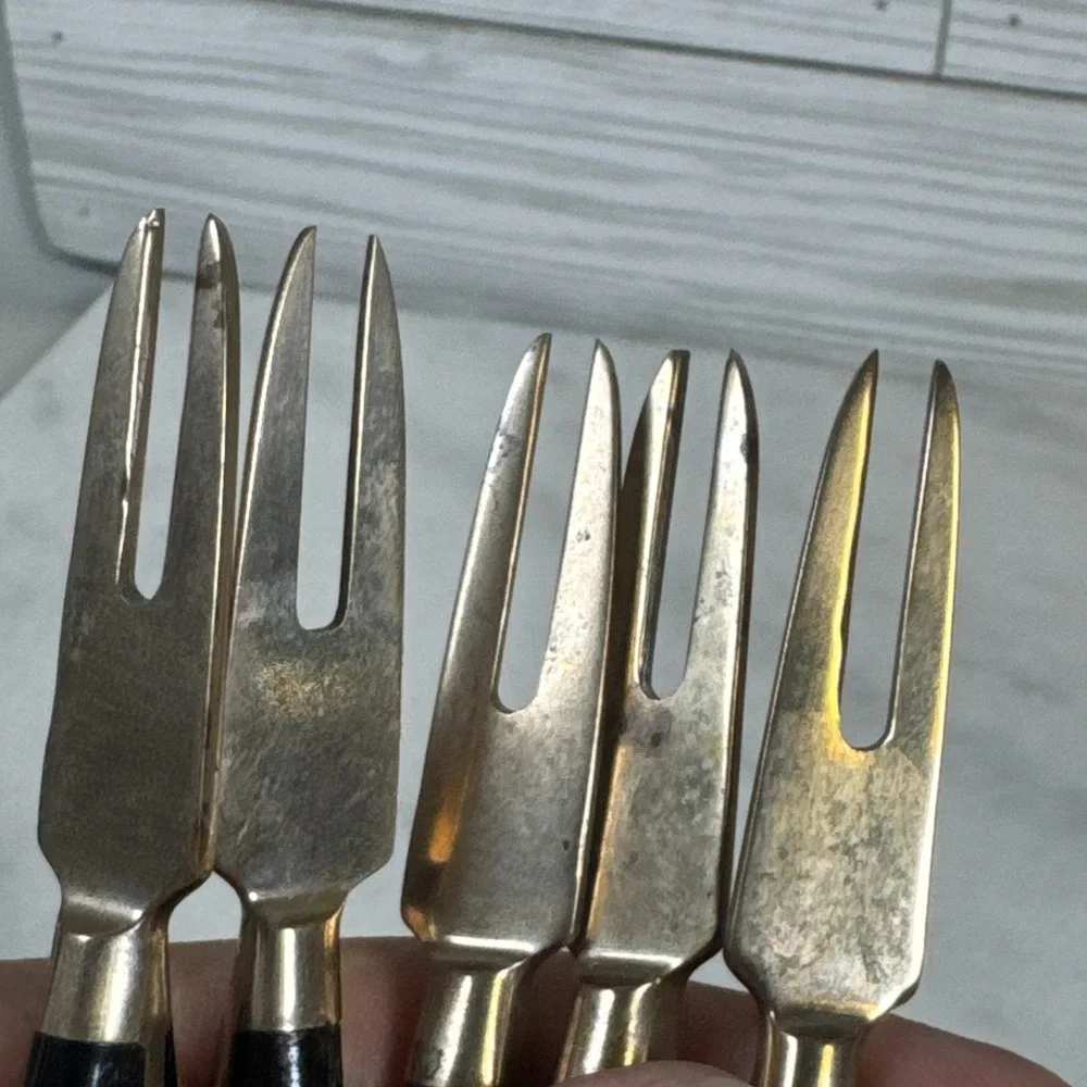 Vintage - SET of 6- Thailand BRASS & TEAKWOOD - Cocktail FORKS - 1960's
